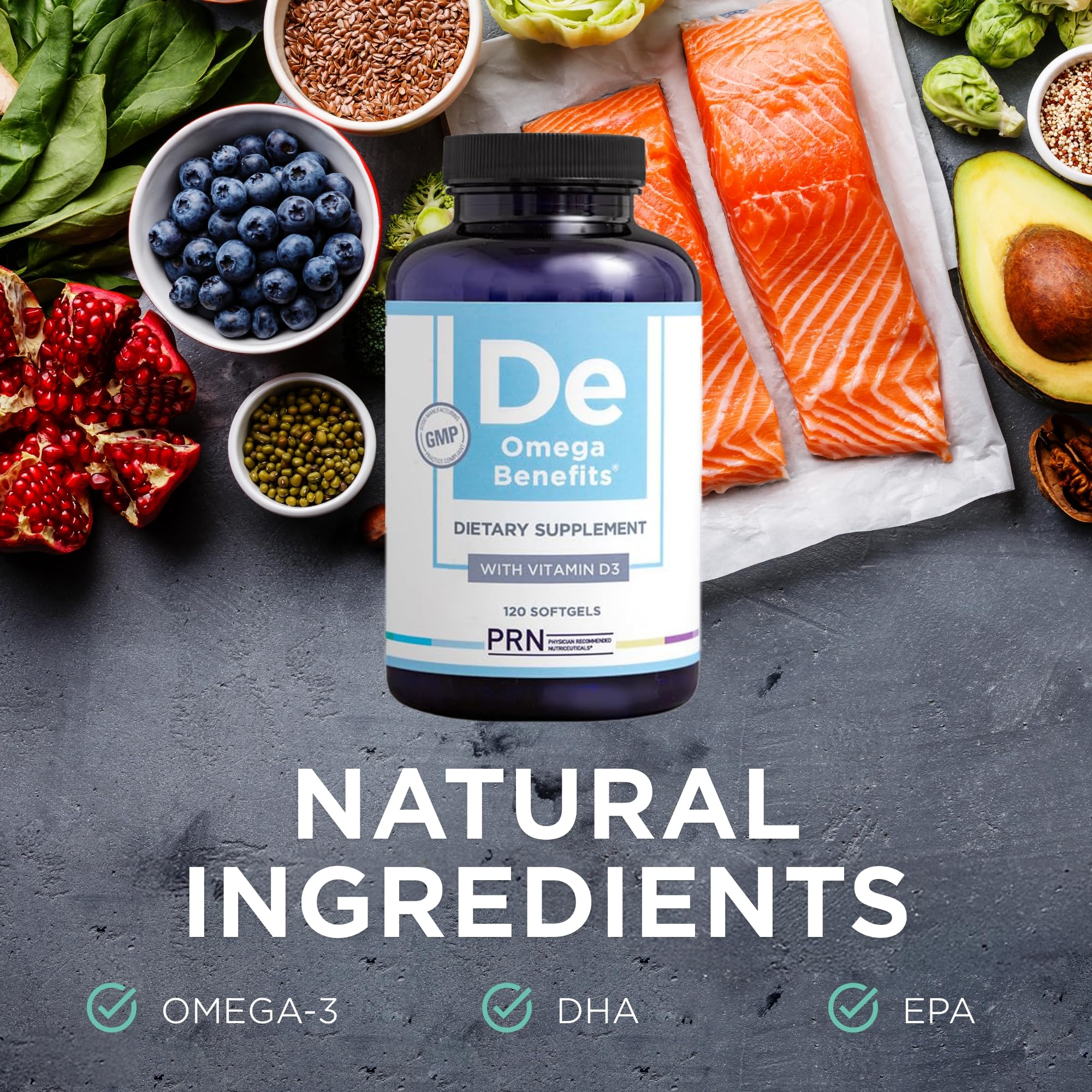 PRN Omega 3 with vitamin D suggesting potential support for skin and joints.