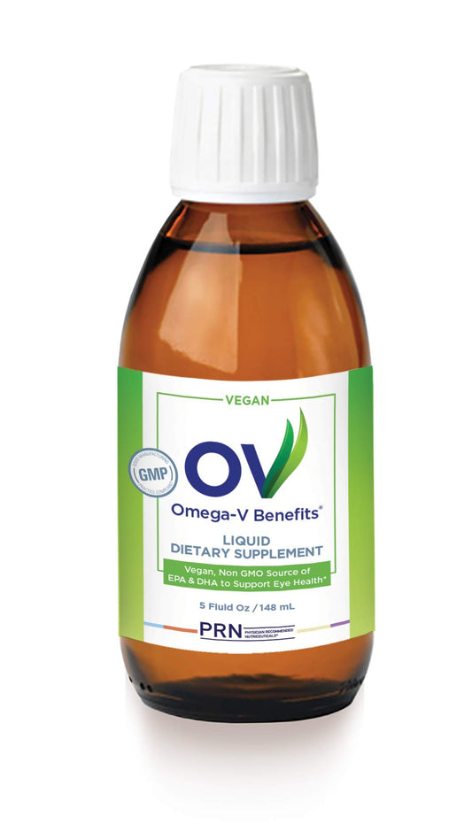PRN Omega-V Benefits bottle highlighting vegan omega-3 for eye health