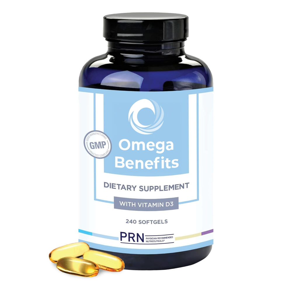 PRN Omega-3 softgels bottle front shows EPA and DHA support for daily wellness.