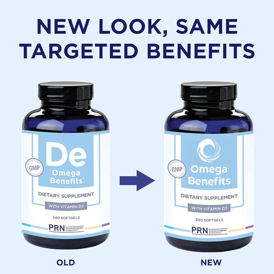 PRN Omega-3 bottle top-down view highlights easy twice-daily dosing.