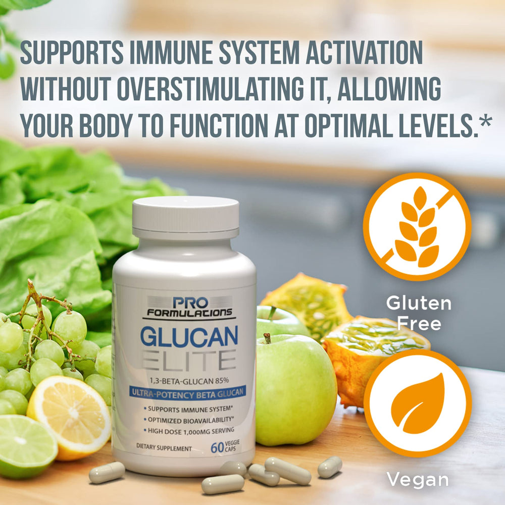 Pro Formulations MD Glucan Elite bottle pouring suggests easy daily use.