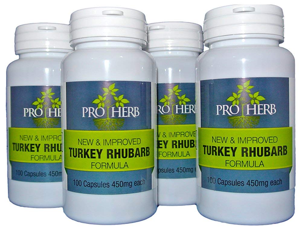 Pro Herb Turkey Rhubarb capsules in a bottle promoting gentle regularity.