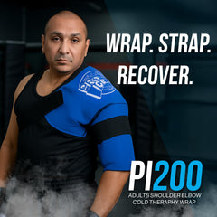 PRO ICE wrap in action illustrates versatile use for shoulder and elbow recovery.