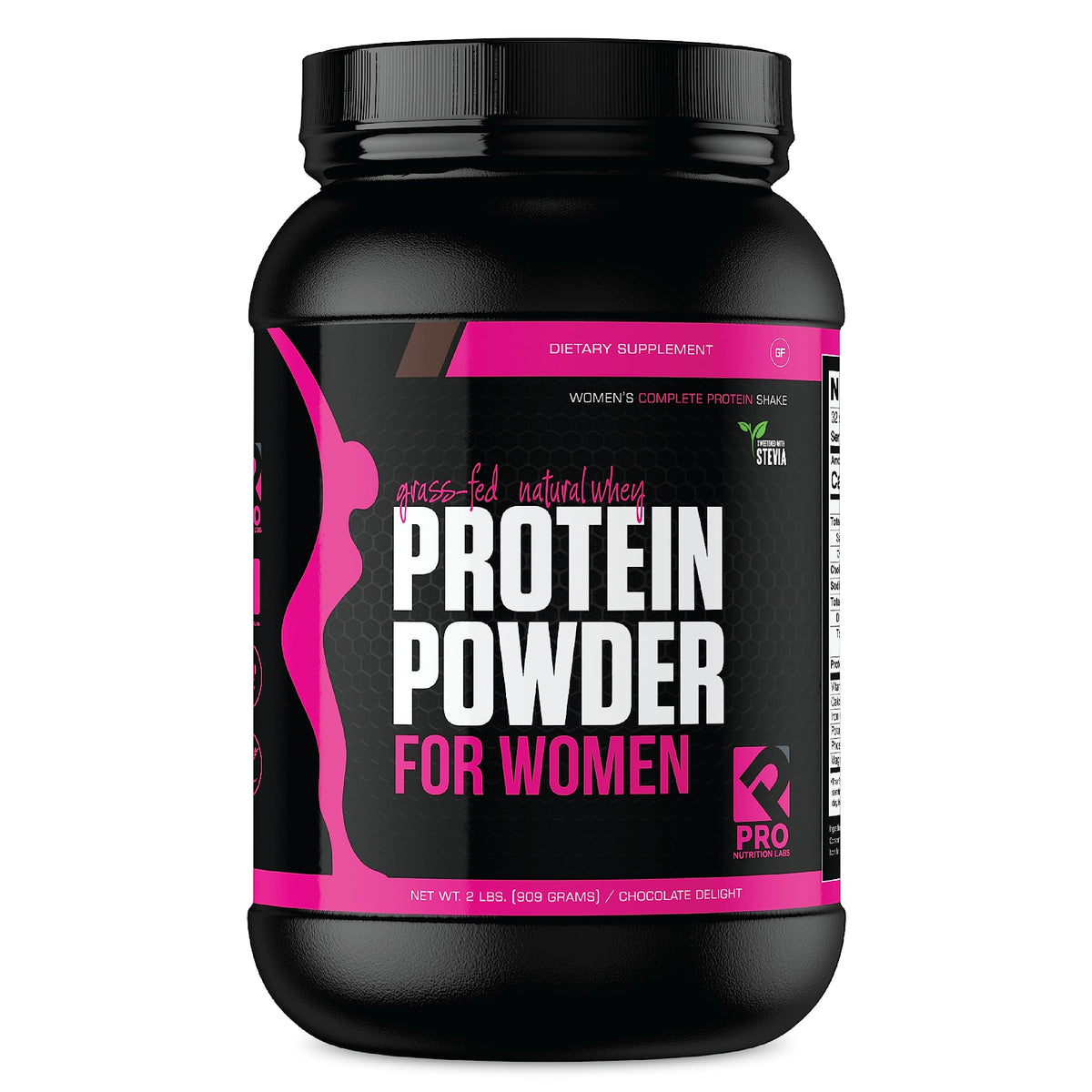 PRO NUTRITION LABS Whey Protein Powder for Women Chocolate Delight bottle pour for lean muscle support.