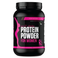 PRO NUTRITION LABS Whey Protein Powder for Women Chocolate Delight bottle pour for lean muscle support.