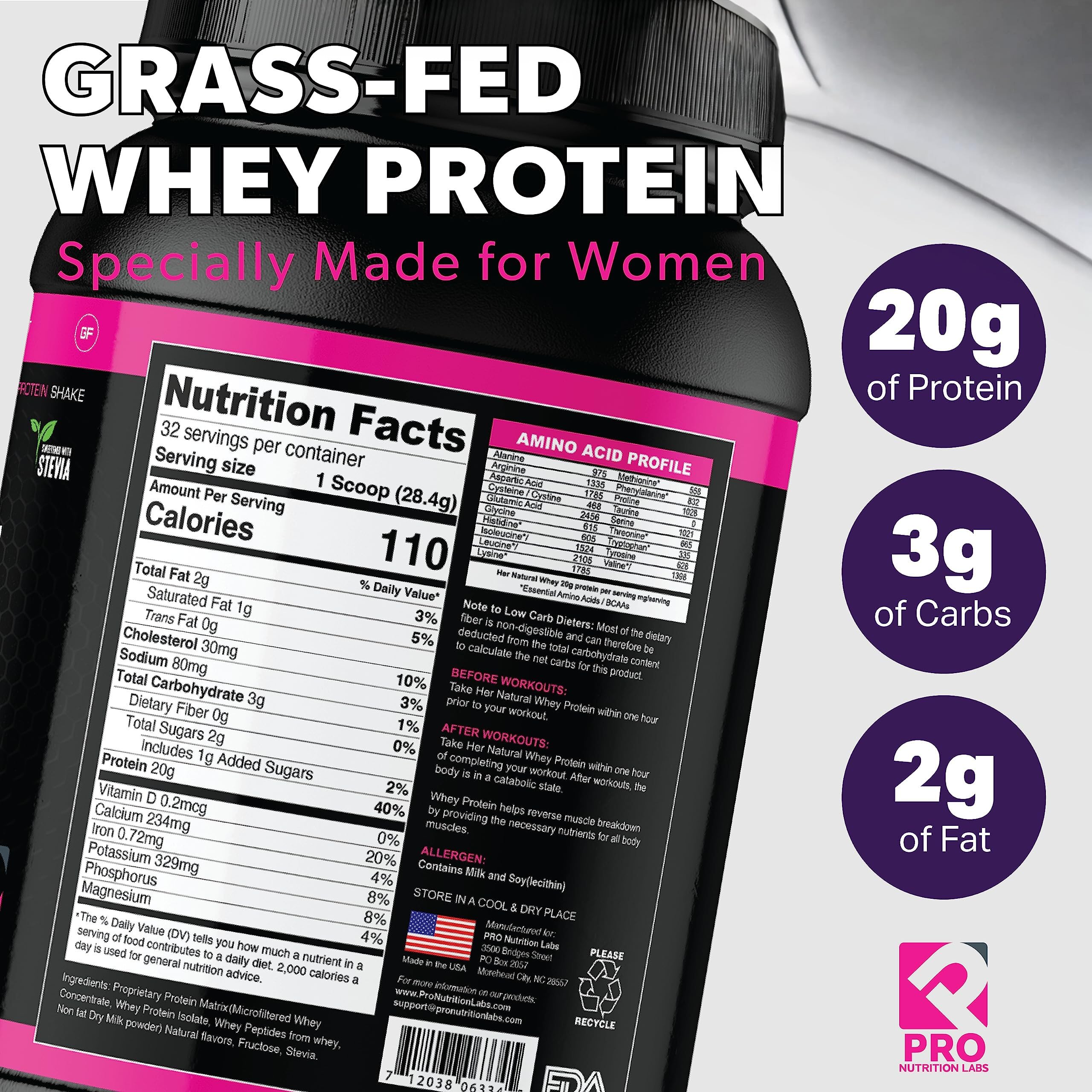 PRO NUTRITION LABS Whey Protein Powder for Women Chocolate Delight ingredients panel on canister.