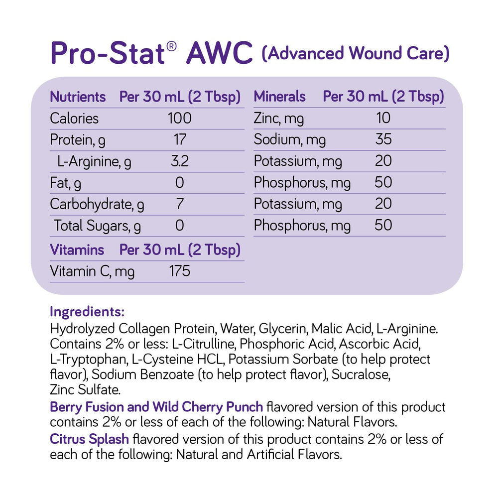 Pro-Stat AWC label close-up highlights lactose-free, gluten-free, soy-free formula