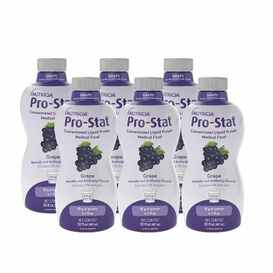 Pro-Stat grape bottle shown for concentrated protein in a small serving.