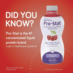 Pro-Stat Vanilla bottle with glass of prepared nutrition on desk.