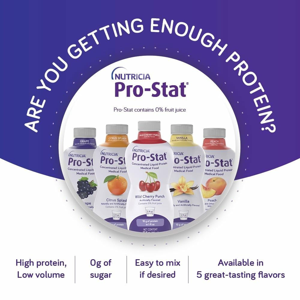 Pro-Stat Vanilla nutrition facts panel emphasized in image.