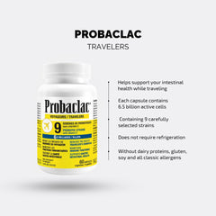 Probaclac capsules on travel kit background showing portable probiotic solution