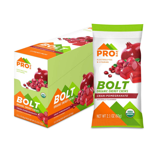 PROBAR Bolt cranberry-pomegranate bottle showing organic energy chews for quick natural fuel.