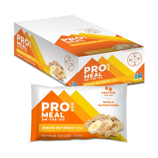 PROBAR Meal Bar Banana Nut Bread packaging highlights natural, non-GMO ingredients for on-the-go energy.