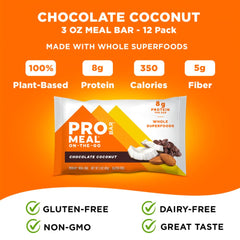 PROBAR MEAL Bar Chocolate Coconut ingredients panel emphasizes plant-based protein.