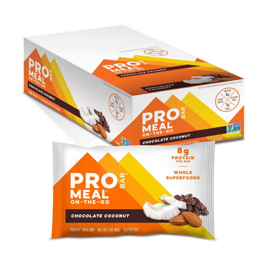 PROBAR MEAL Bar Chocolate Coconut packaging highlights gluten-free, Non-GMO nutrition.