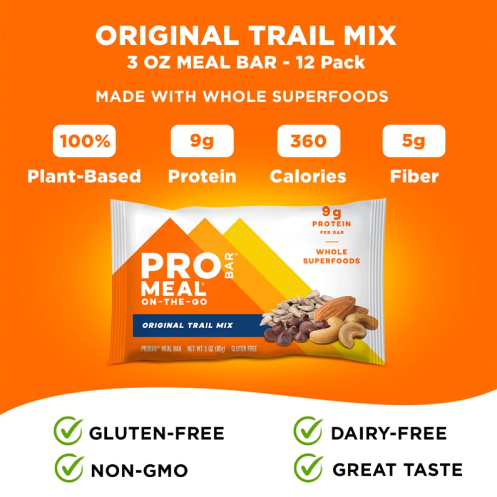 PROBAR MEAL Bar Original Trail Mix ingredients glance emphasizes oats and seeds for wholesome energy.