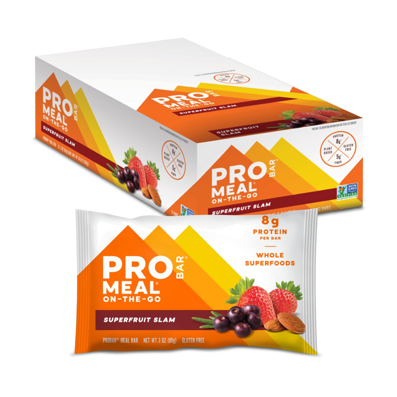 PROBAR MEAL Bar Superfruit Slam pack front highlighting gluten-free and non-GMO ingredients for clean energy.