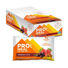 PROBAR MEAL Bar Superfruit Slam pack front highlighting gluten-free and non-GMO ingredients for clean energy.