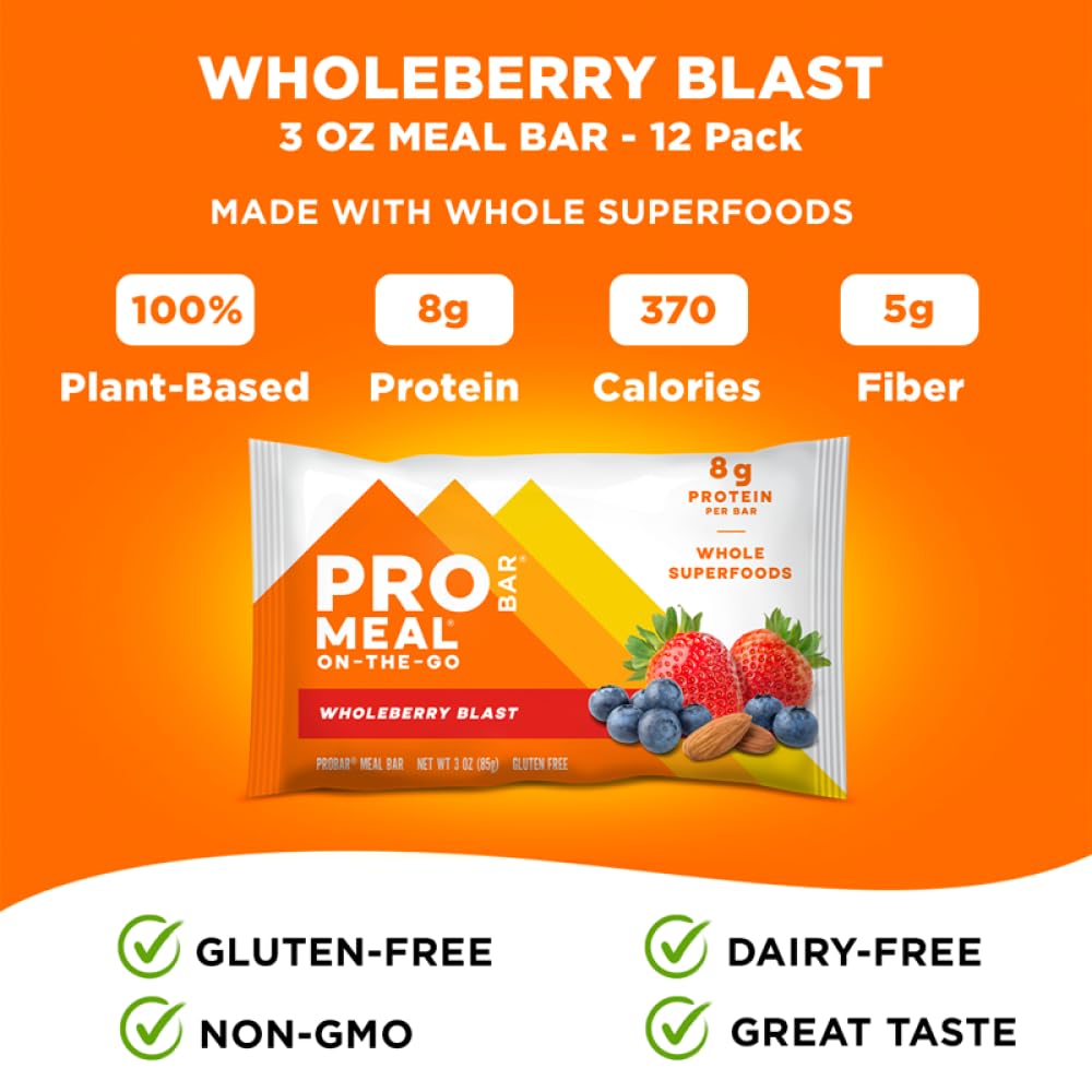PROBAR MEAL Bar Wholeberry Blast, on-the-go snack highlighting gluten-free and non-GMO.