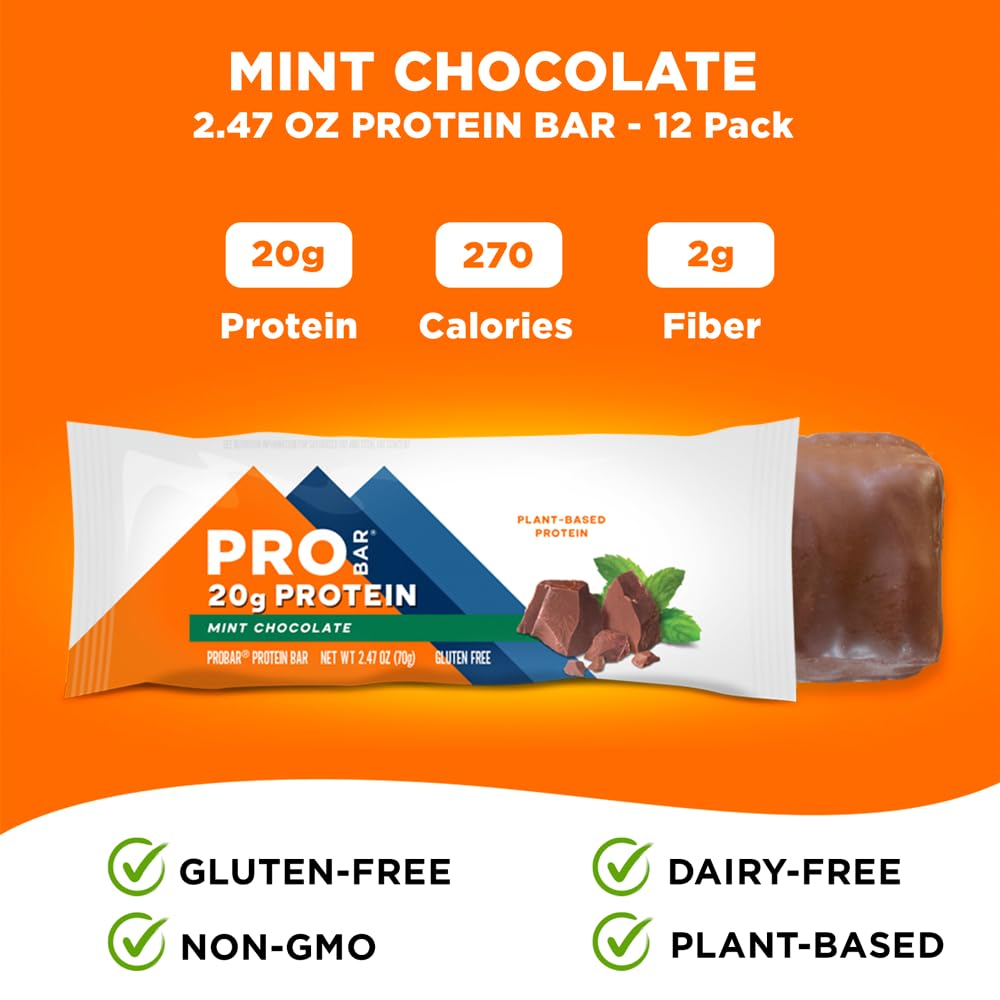 PROBAR Mint Chocolate Bar nutrition panel highlights 20g protein and 2g fiber.