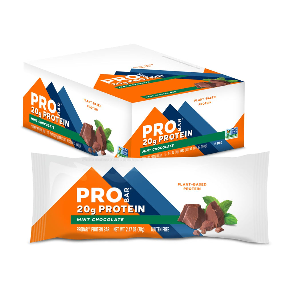PROBAR Mint Chocolate Bar packaging highlights gluten-free, plant-based protein for workouts.