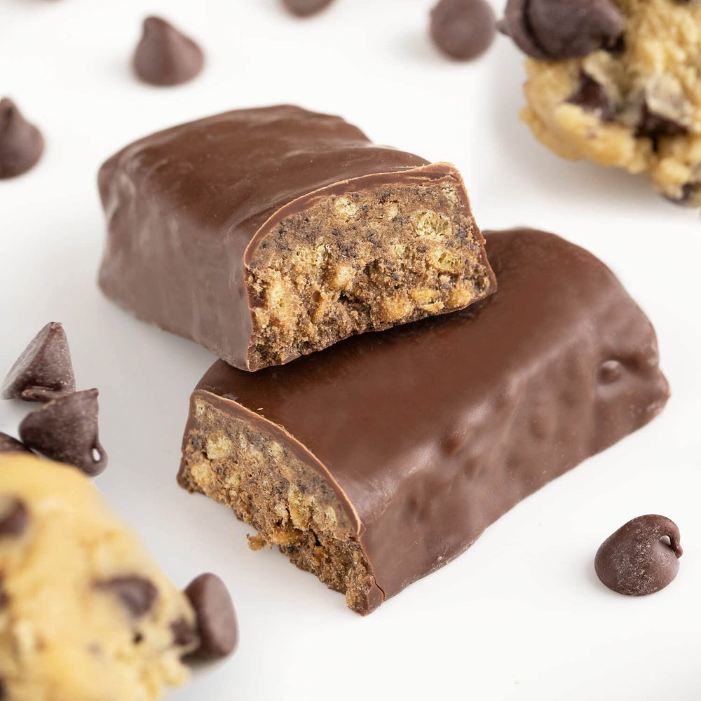 PROBAR Cookie Dough Bar bite shows chewy texture and fiber from real ingredients