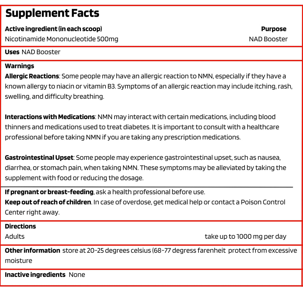 Probase Longevity NMN powder label with ingredients and purity information