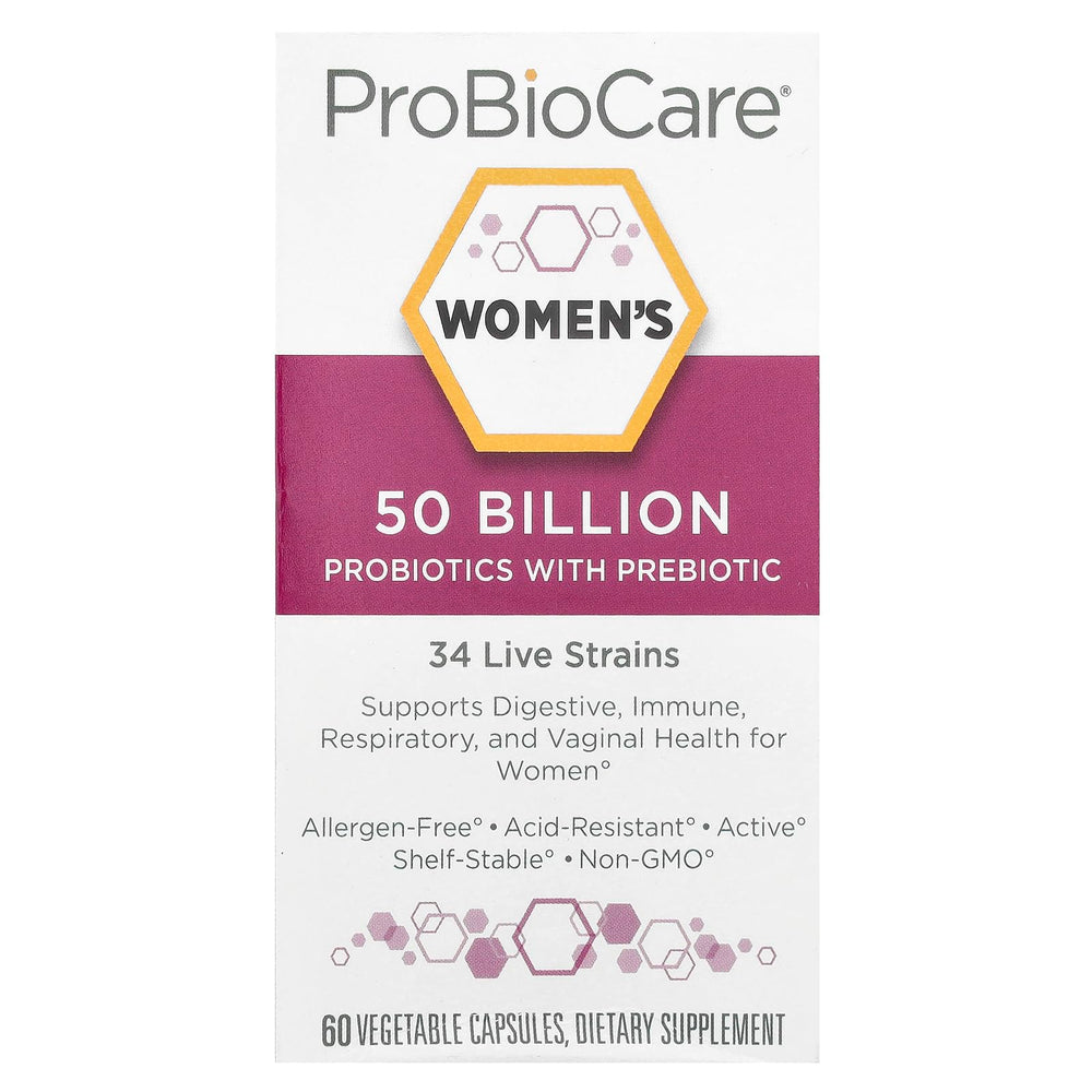 ProBioCare women's probiotic bottle with label visible, supports daily digestive balance