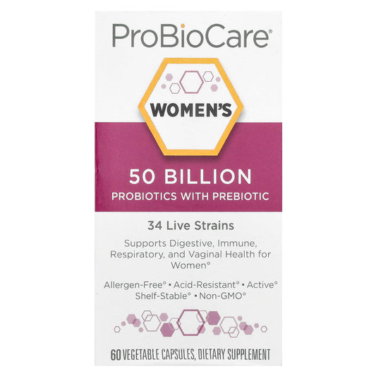 ProBioCare women's probiotic bottle with label visible, supports daily digestive balance