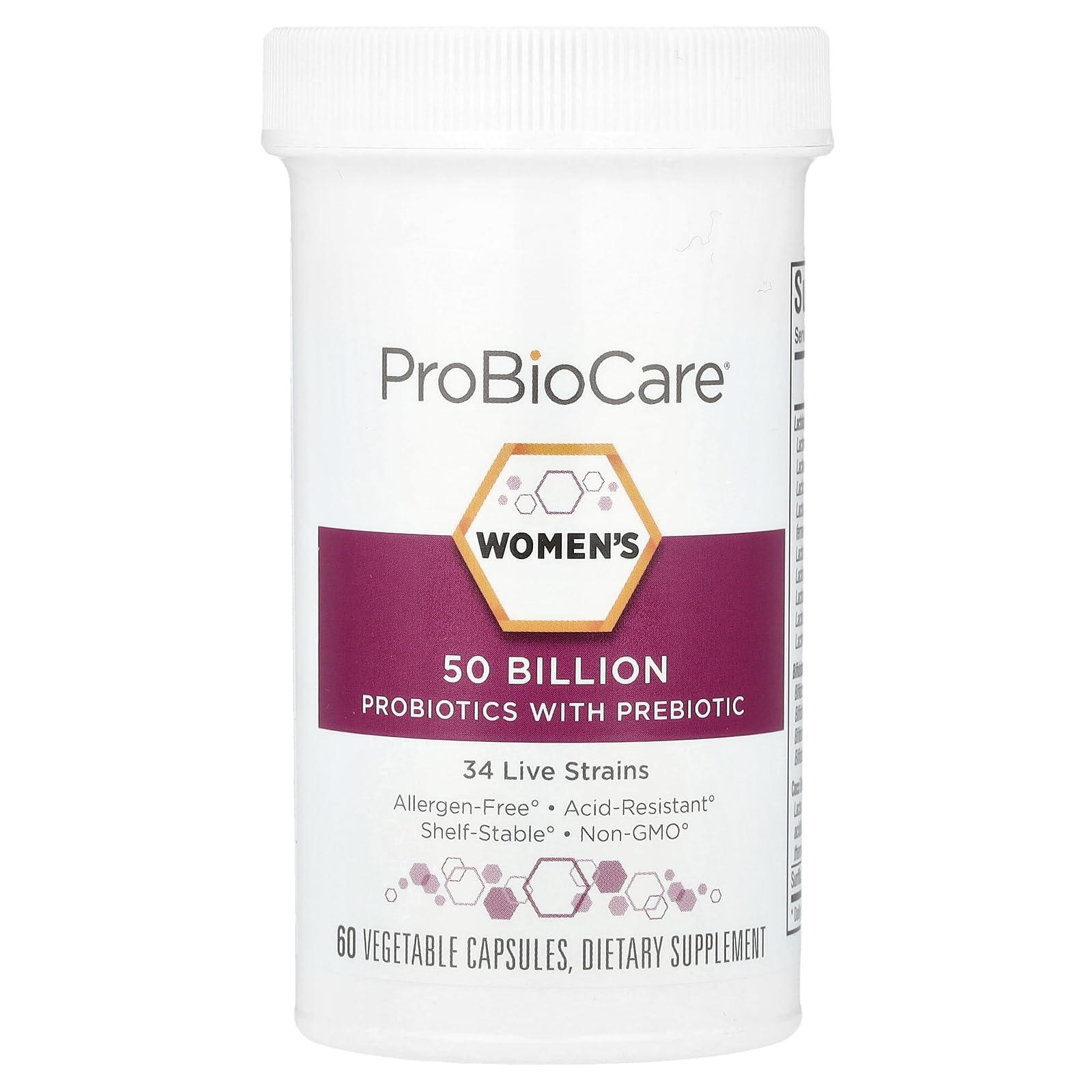 Label close up on ProBioCare probiotic bottle highlighting 50B CFUs