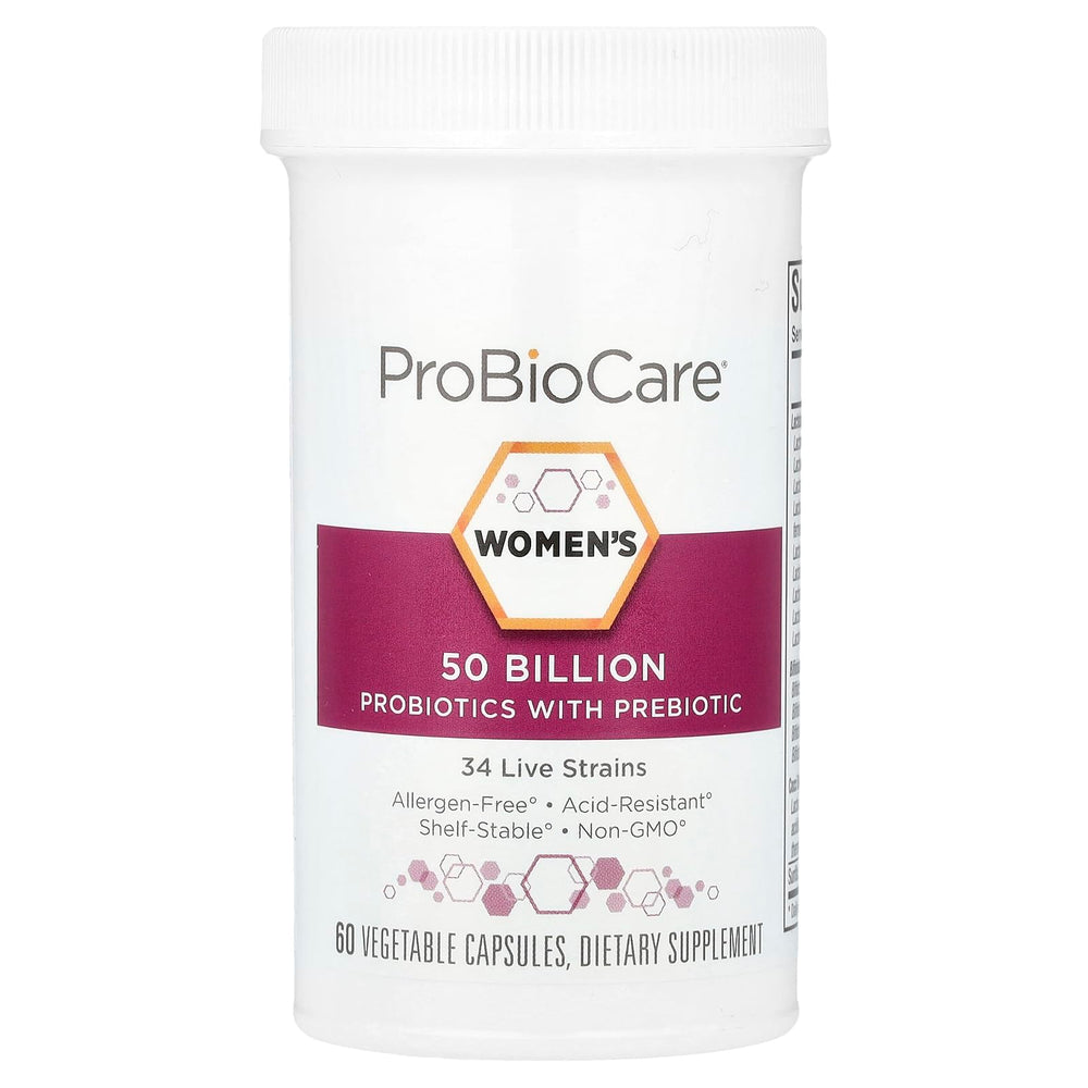 Label close up on ProBioCare probiotic bottle highlighting 50B CFUs