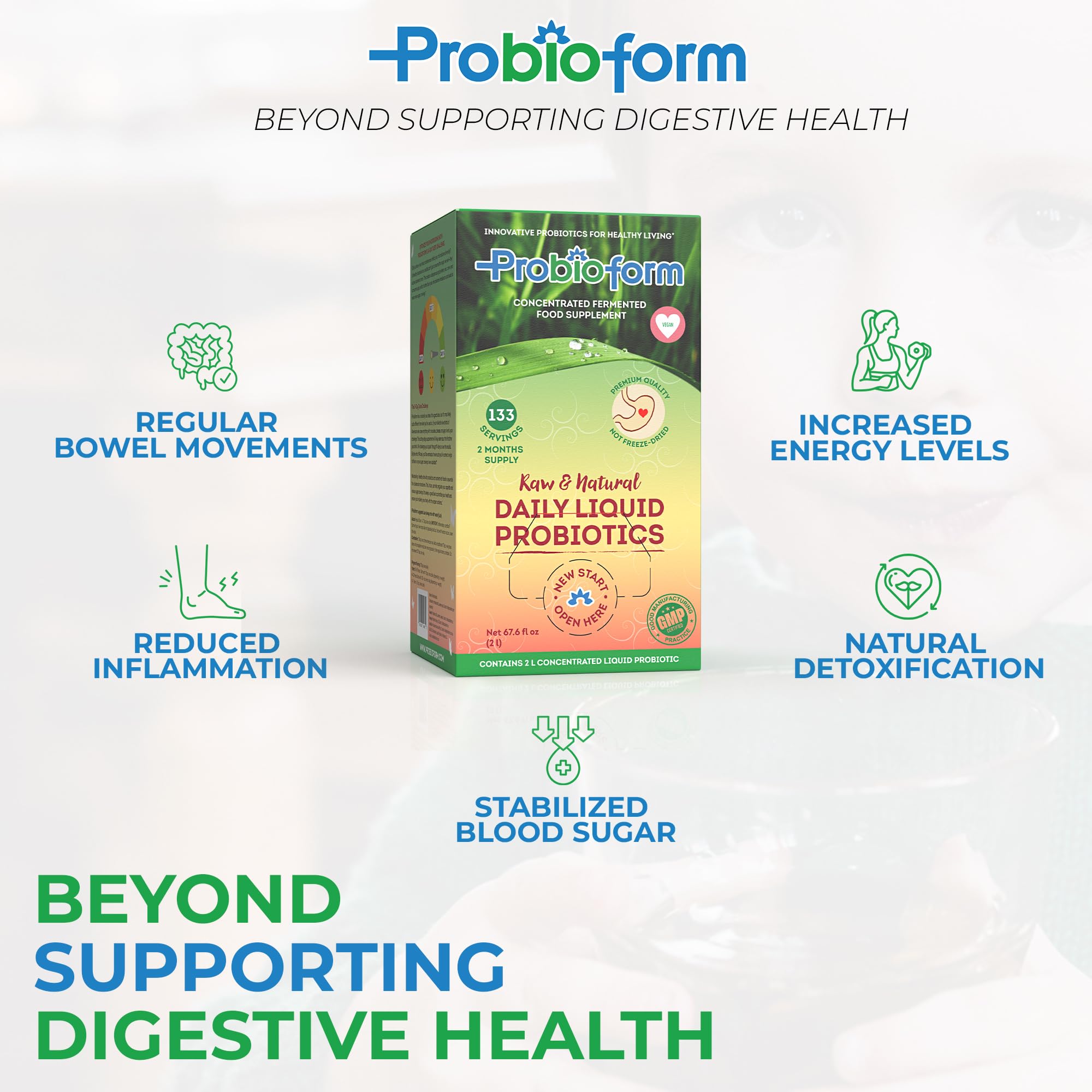 Probioform live cultures blend showing L. casei and L. lactis for digestion support.