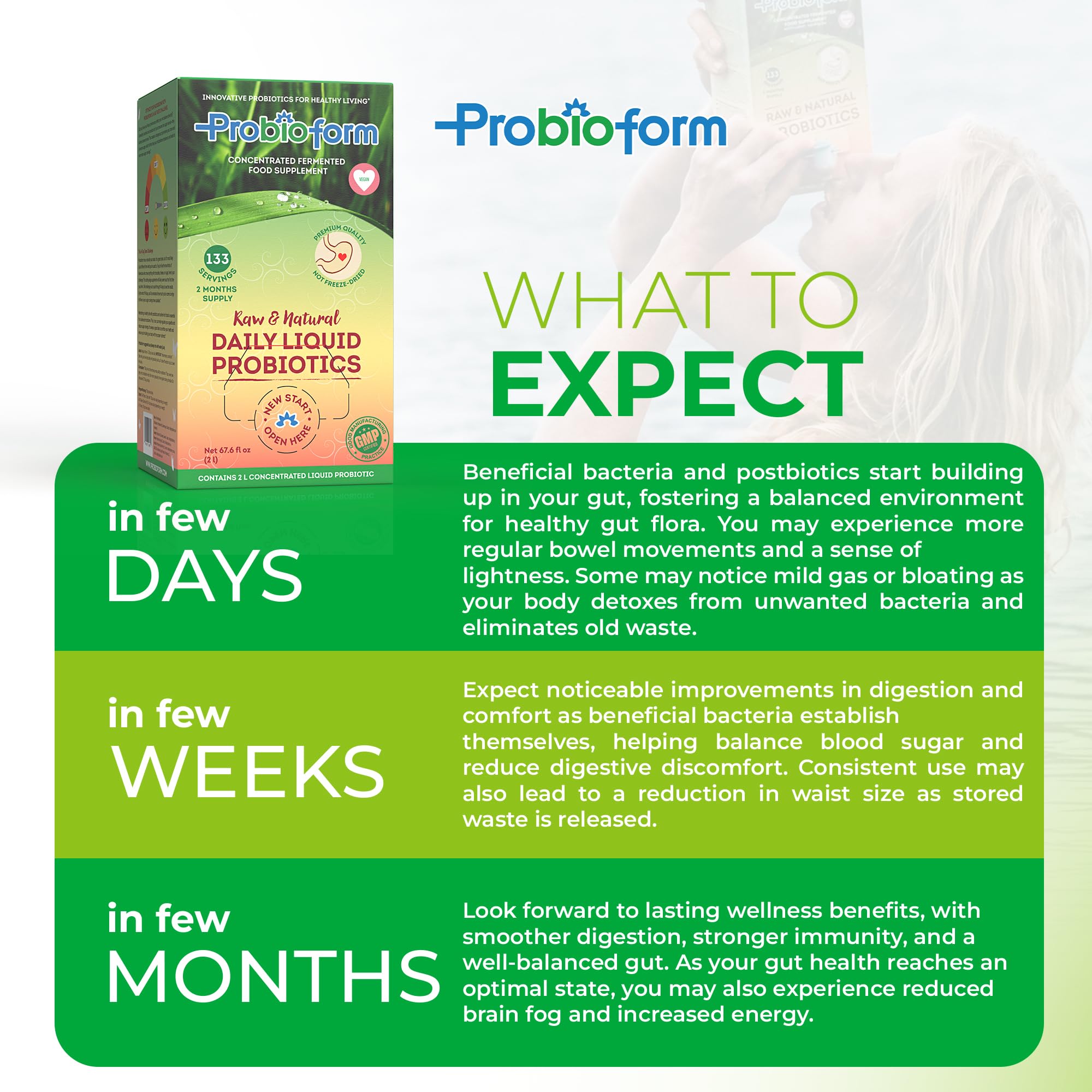 Probioform packaging highlights shelf-stable formula for convenient, no-refrigeration use.