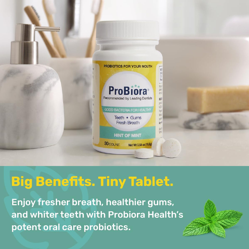 Probiora Health mouth bacteria graphic showing probiotic colonies supporting balanced oral microbiome.