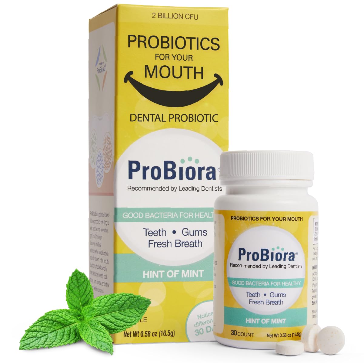 Probiora Health packaging bottle shows the probiotic tablets for daily oral care and convenience.