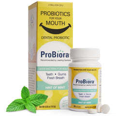 Probiora Health packaging bottle shows the probiotic tablets for daily oral care and convenience.
