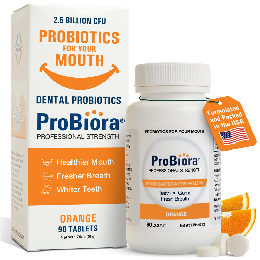 ProBiora Health ProBiora Professional Strength tablets in bright orange, supporting fresh breath and oral balance.