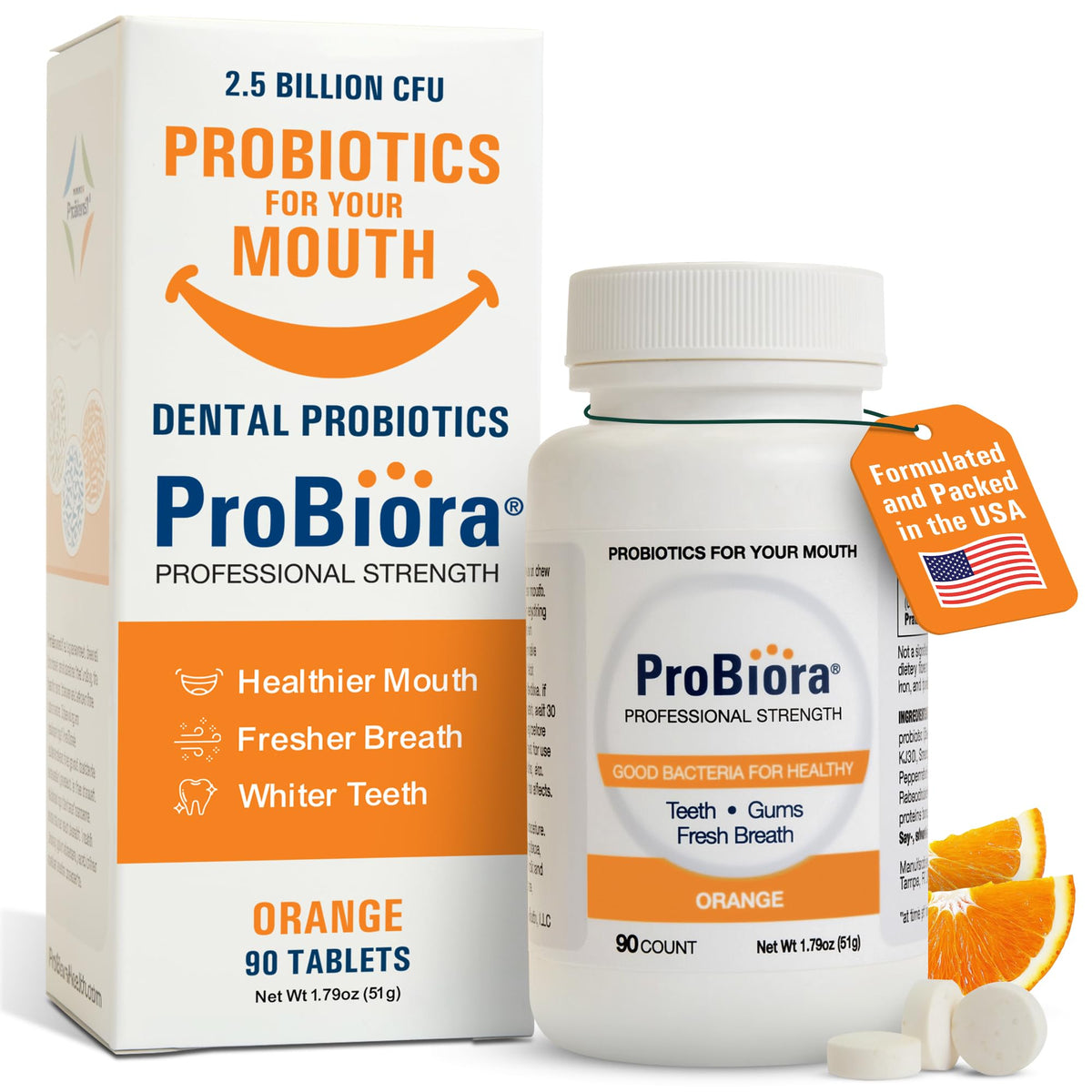 ProBiora Health ProBiora Professional Strength tablets in bright orange, supporting fresh breath and oral balance.