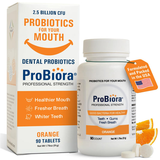 ProBiora Health ProBiora Professional Strength tablets in bright orange, supporting fresh breath and oral balance.