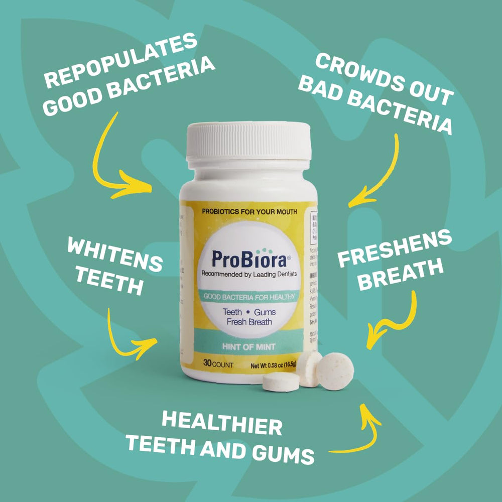 Probiora Health tablets being dispensed into hand for convenient daily use.
