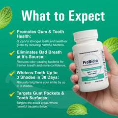 Tablets dispensing scene illustrates daily probiotic support for teeth and gums.