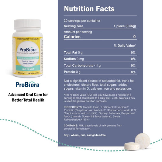 ProBiora Health tablets dissolving in mouth for fresher breath.