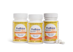 Probiora Kids orange-creamsicle tablet highlights tasty flavor and daily oral care.