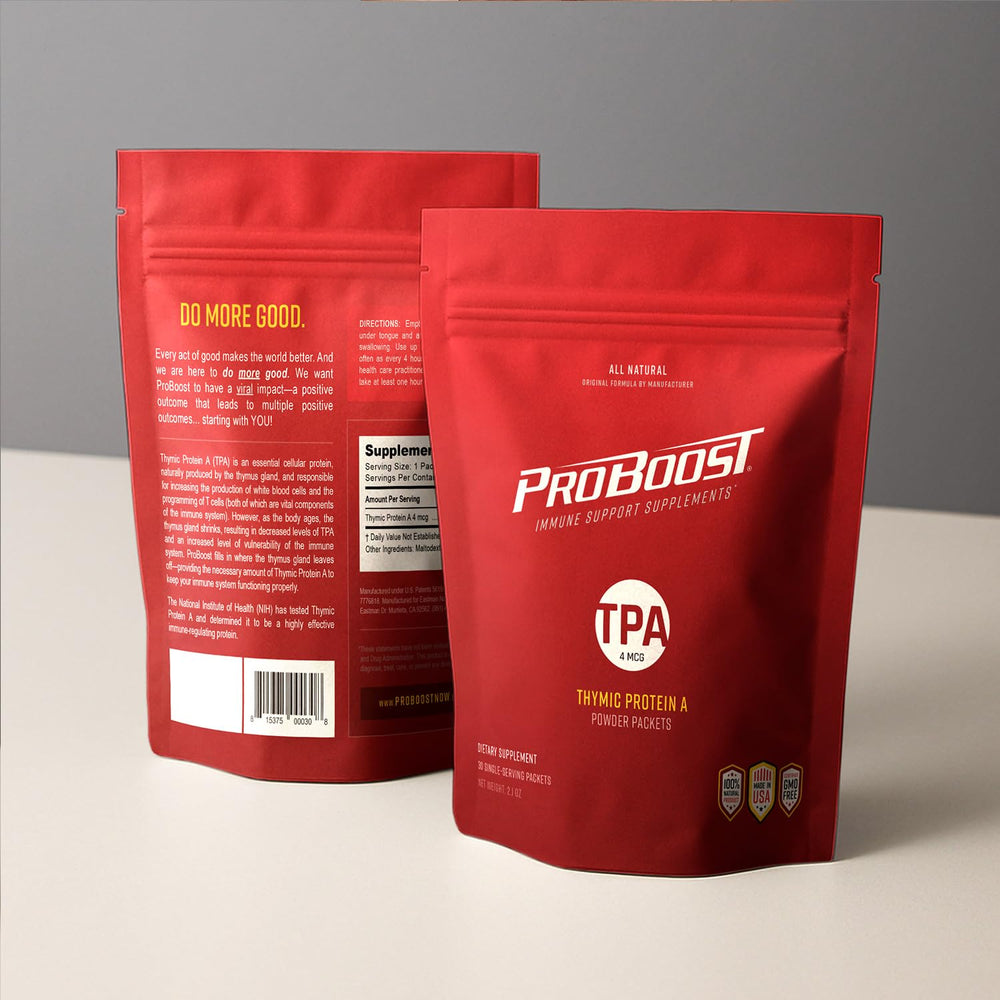 ProBoost Thymic Protein A packets arranged on a desk for easy daily use.