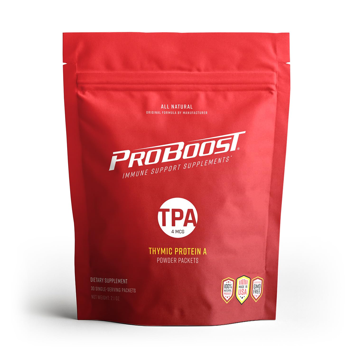 ProBoost Thymic Protein A packet closeup illustrating portable daily immune support.