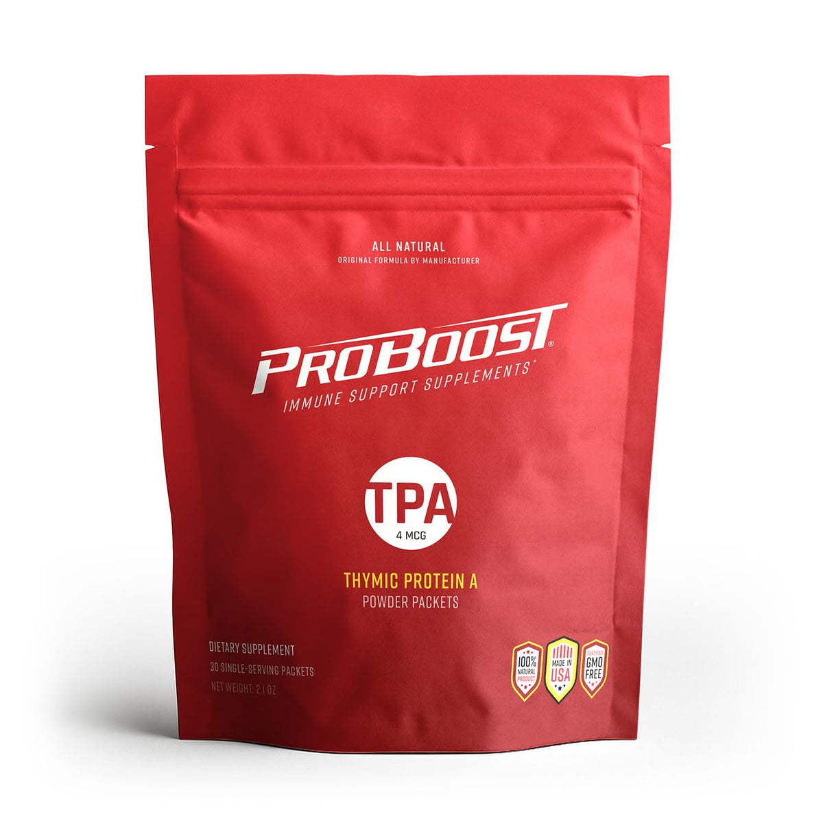 ProBoost Thymic Protein A packet closeup illustrating portable daily immune support.