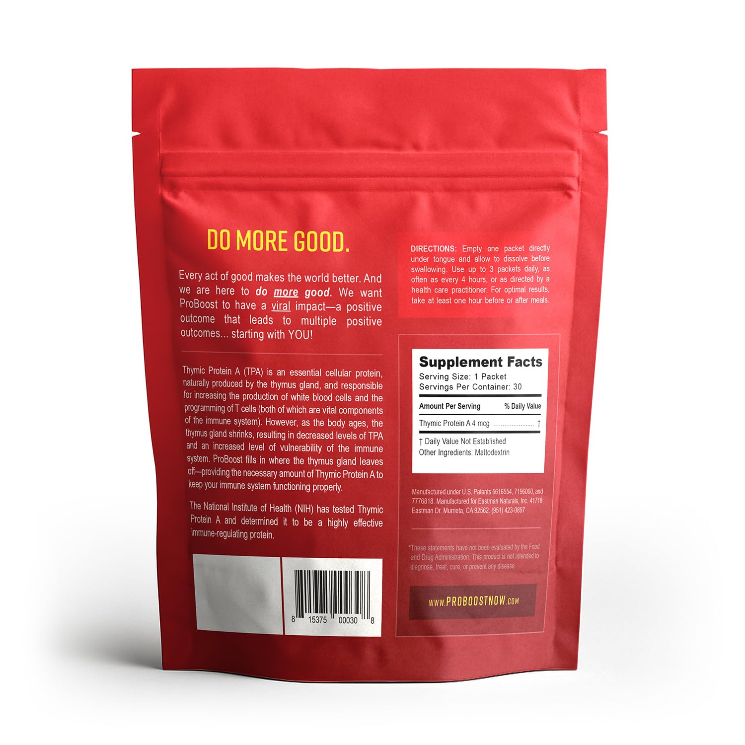 ProBoost Thymic Protein A packets beside a bottle for travel readiness.