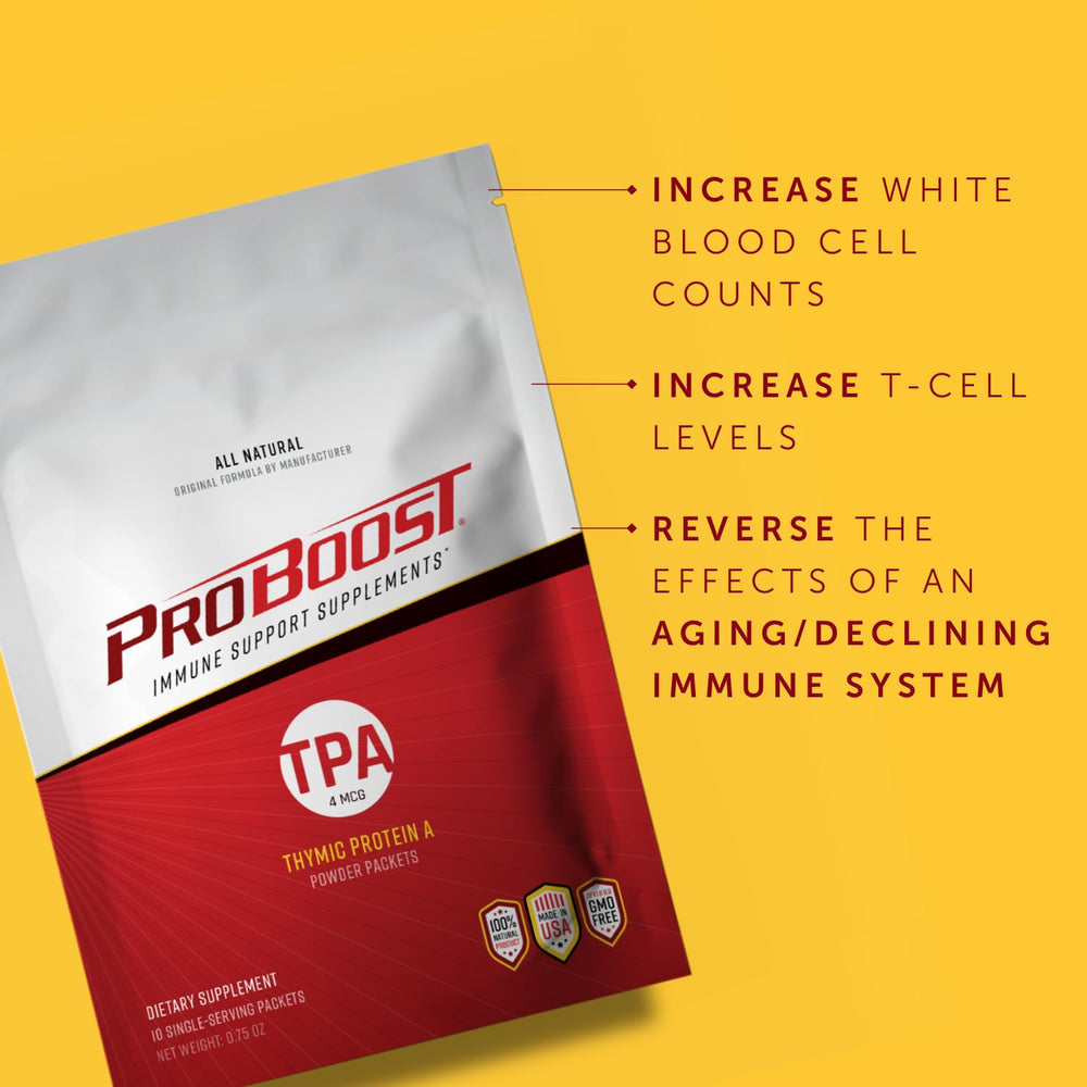 ProBoost Thymic Protein A powder packets dissolving under tongue for fast absorption.