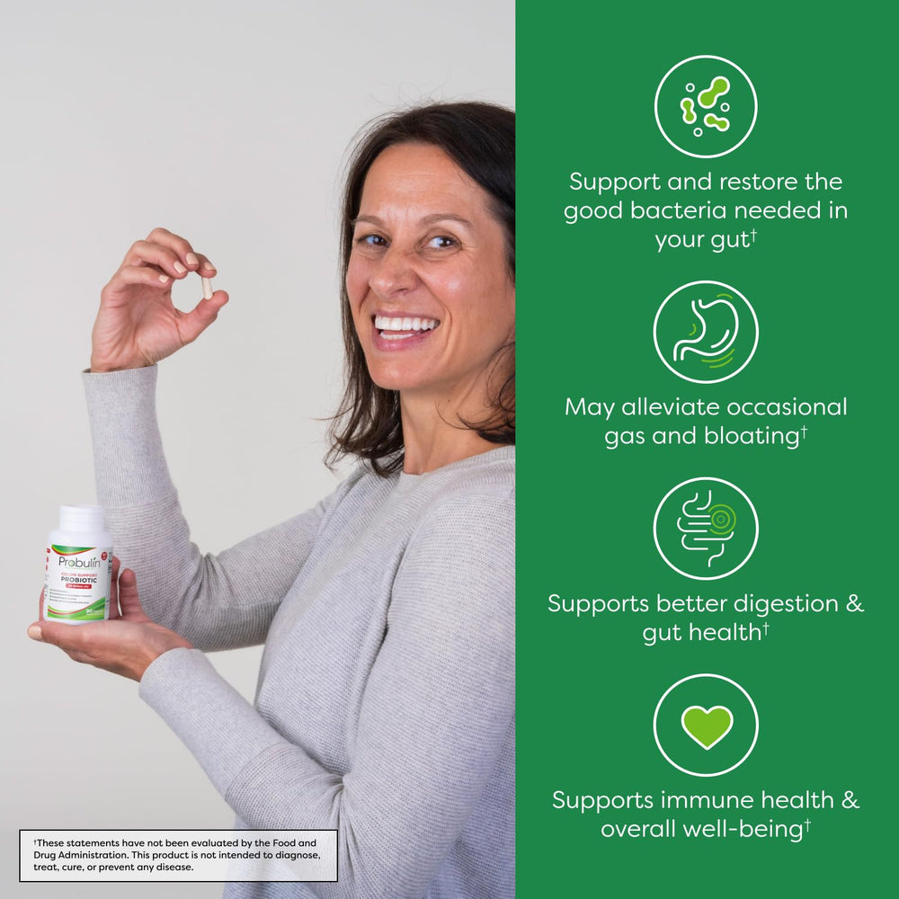 Probulin Colon Support capsules close-up highlighting 20 billion CFU for digestion.