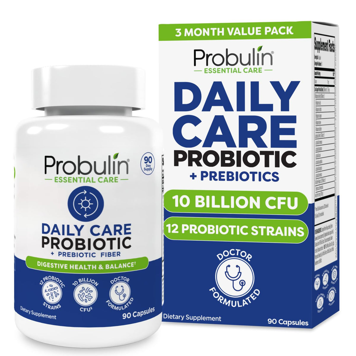 Probulin Daily Care bottle front showing 10 billion CFU capsules for daily digestive support.